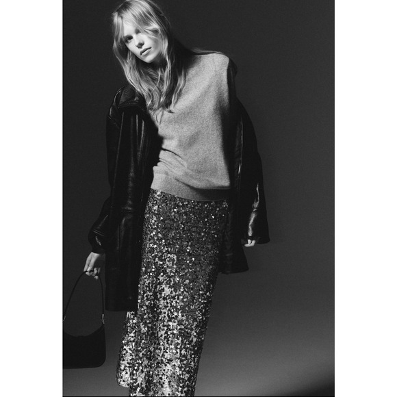 NEW MANGO MNG SILVER SEQUIN MIDI SKIRT PARTY HOLIDAY SZ S - Picture 4 of 8